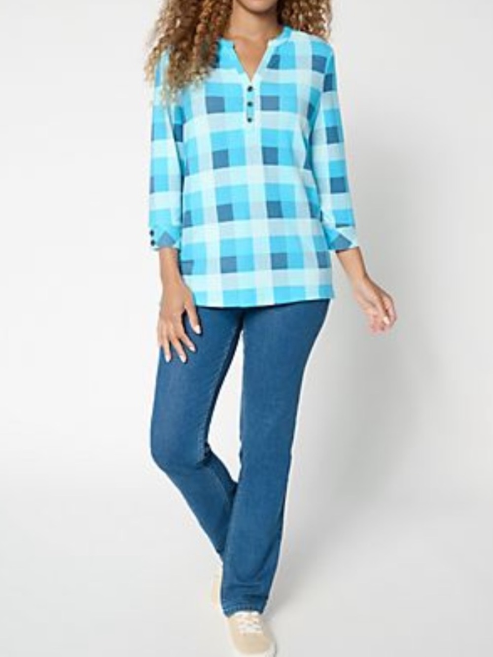 Denim&Co Blue Plaid Henley Tunic Top